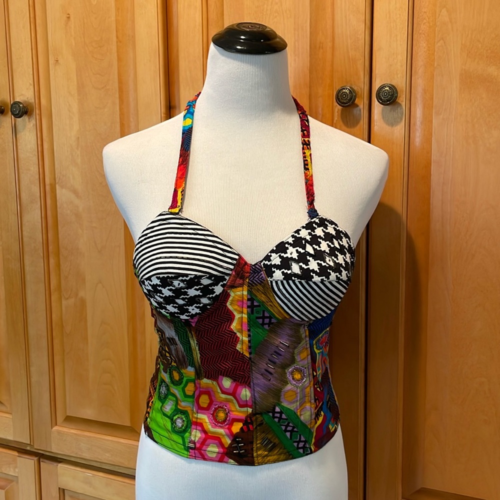 Vintage Vibe Boho Retro Beaded Bold Pattern Sebatu Hand- Print Halter Top Size M